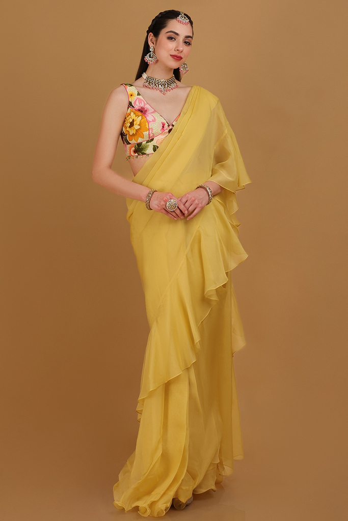 Organza Light Yellow Ruffle Style Pre-stitch Saree For Haldi And Eid