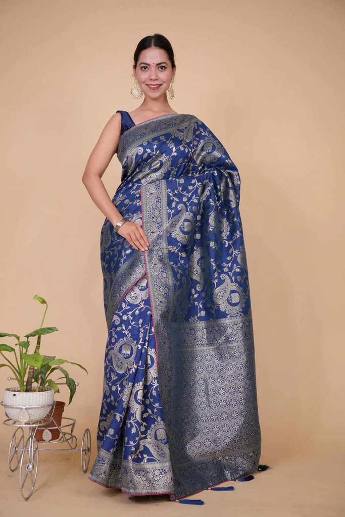 TEAL WOVEN SILK BANARASI JACQUARD WITH ORNATE PALLA & TASSELS READY TO WEAR SAREE