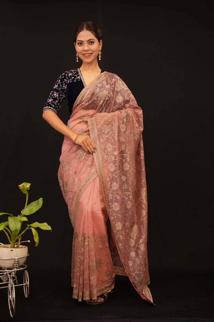 BEAUTIFUL SHIMMERY WITH GOLDEN ZARI DETAILED FLORAL ZAAL DETAIL & STONE EMBLLISHED PRE DRAPE SAREE