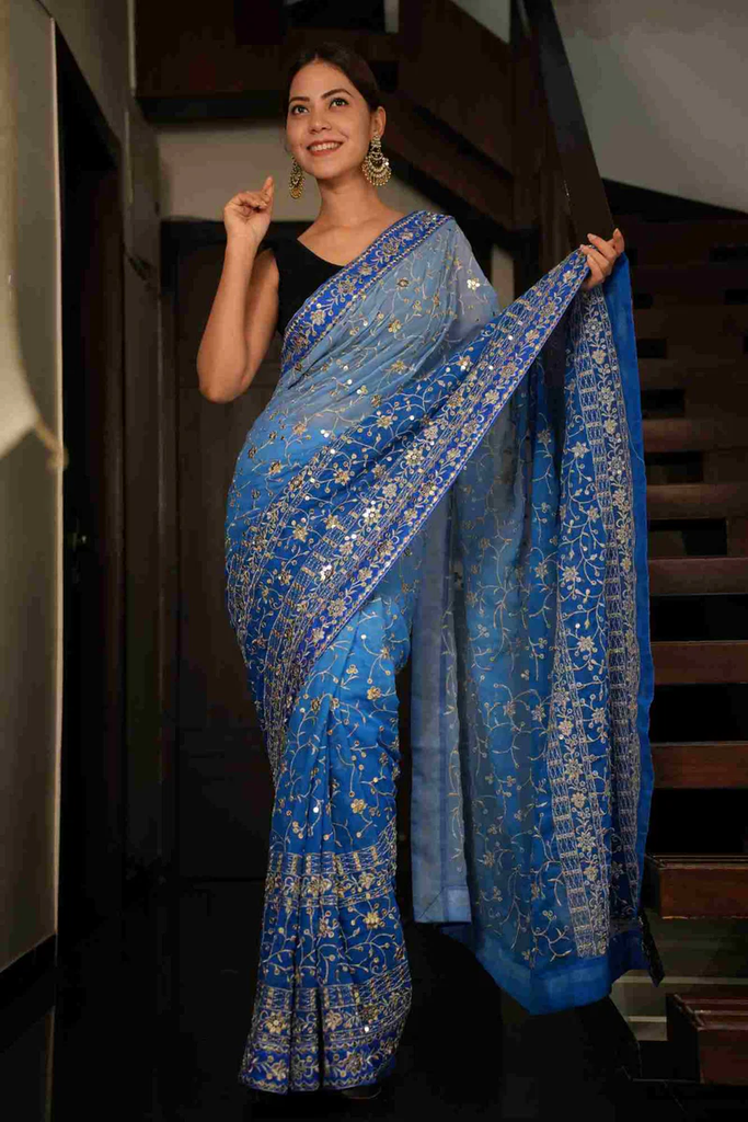 EXQUISITE SEQUIN EMBELLISHED READY-TO-WEAR SAREE – A DAZZLING FUSION OF ELEGANCE AND GLAMOUR