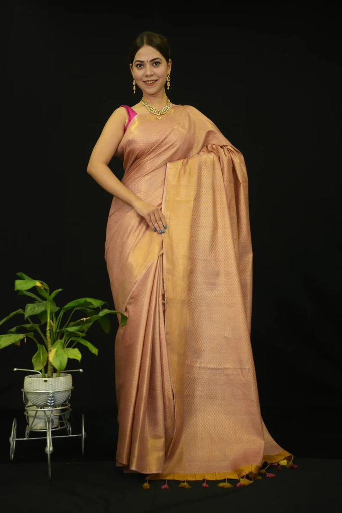 BEAUTIFUL SOFT KATAN WITH OVERALL ZARI WOVEN & TASSELS ON PALLA READY TO WEAR SAREE