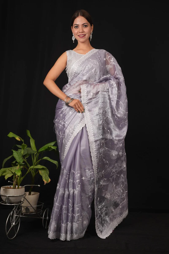 LAVENDER JIMMY CHOO WITH OVERALL STONE EMBELLISHED & LUCKNOWI EMBROIDERED PALLA PRE DRAPE SAREE