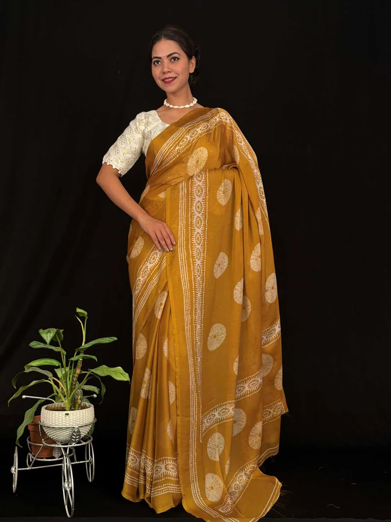 BEAUTIFUL SOFT MOSS CHIFFON WITH BLOCK PRINT OVERALL READY TO WEAR SAREE