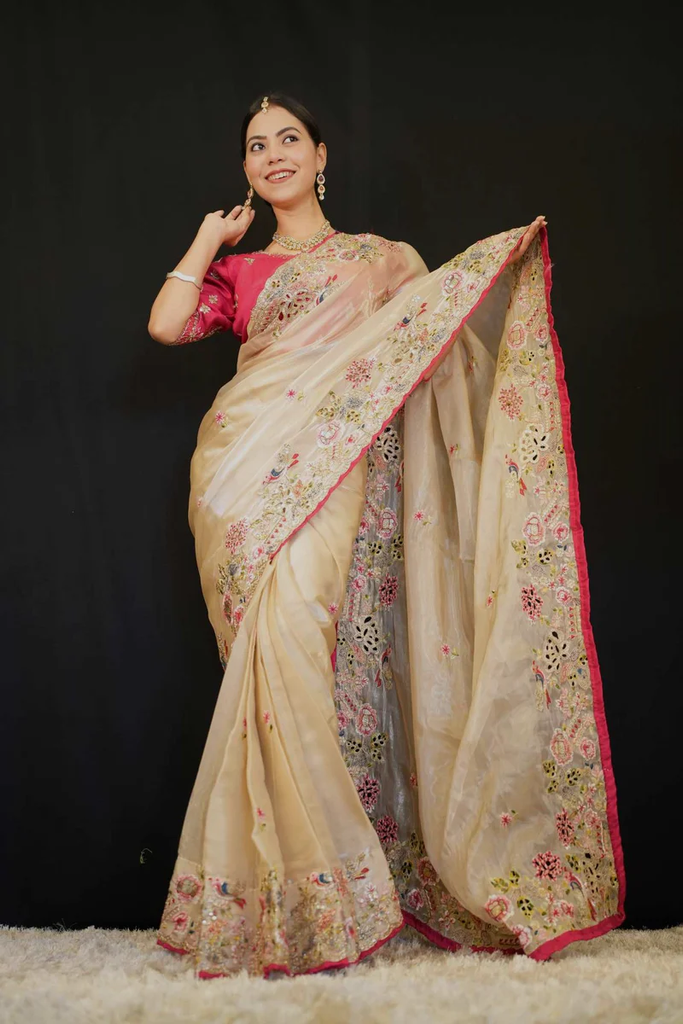 READY TO WEAR SAREE SOFT JIMMY CHO WITH HEAVY EMBROIDERY MULTI TREADS WORK WITH SEQUIN & PIPING PRE STITCHED SAREE