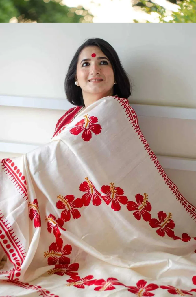 NAVRATRI SPECIAL SOFT LINEN OFF WHITE WITH RED HIBISCUS FLORAL PRINTED AND BORDERED PREDRAPE SAREE