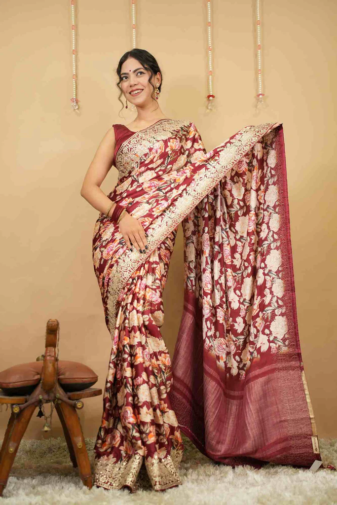 EXQUISITE GAJJI SILK WITH FLORAL PRINT & GOTA PATTI EMBROIDERED BORDER WRAP IN ONE MINUTE SAREE