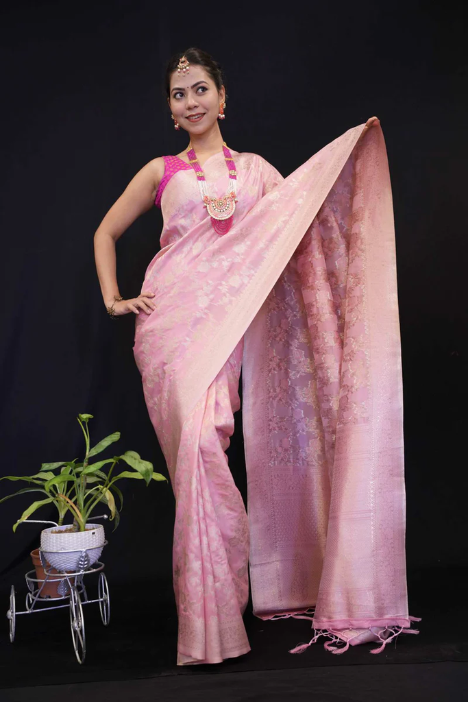 BANARASI JAAL WEAVING LIGHT PINK READY TO WEAR WRAP IN ONE MINUTE SAREE