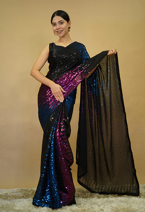 PARTY WEAR BEAUTIFUL MULTI COLOR DELICATE SEQUIN EMBELLISHED PURE GEORGETTE READY TO WEAR SAREE