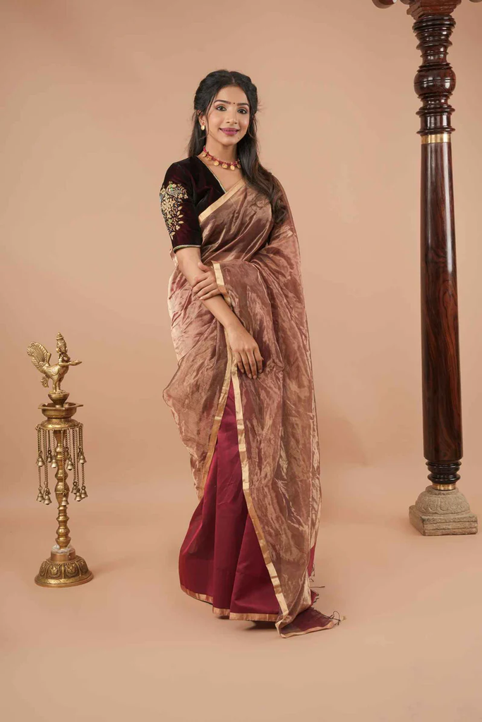 PRE DRAPE EXQUISITE HALF AND HALF MAROON AND ZARI TISSUE MAHESHWARI SILK COTTON SAREE