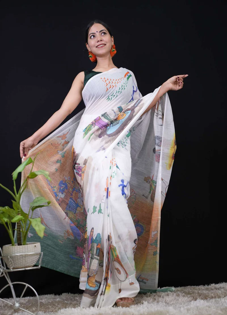 READY TO WEAR INDEPENDENCE DAY SAREE PRINT WITH TIRANGA PRINT WRAP IN 1 MINUTE SAREE