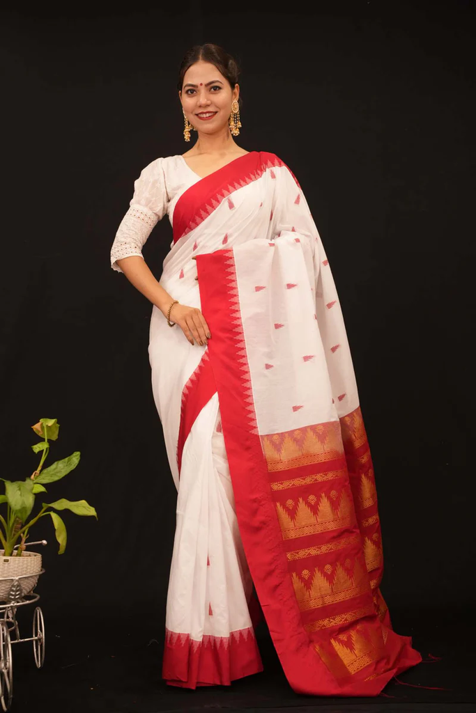 WHITE WITH RED TEMPLE BORDERED ZARI BUTTA ORNATE PALLA PRE DRAPE SAREE