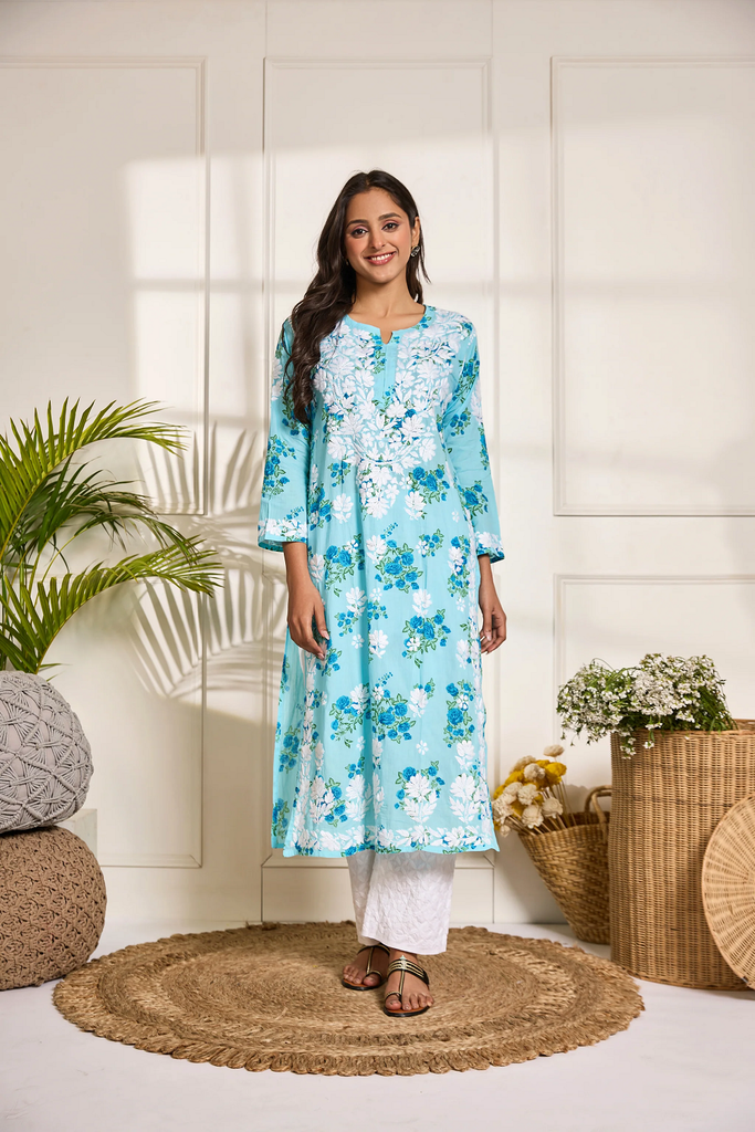 Chikankari Kurta Set in Mul cotton in Aqua Blue