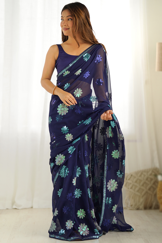 Navy Blue Georgette Embroidered Light Weight Saree