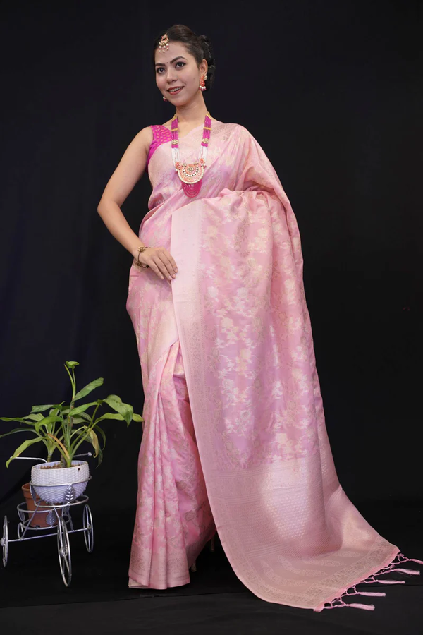 BANARASI JAAL WEAVING LIGHT PINK READY TO WEAR WRAP IN ONE MINUTE SAREE