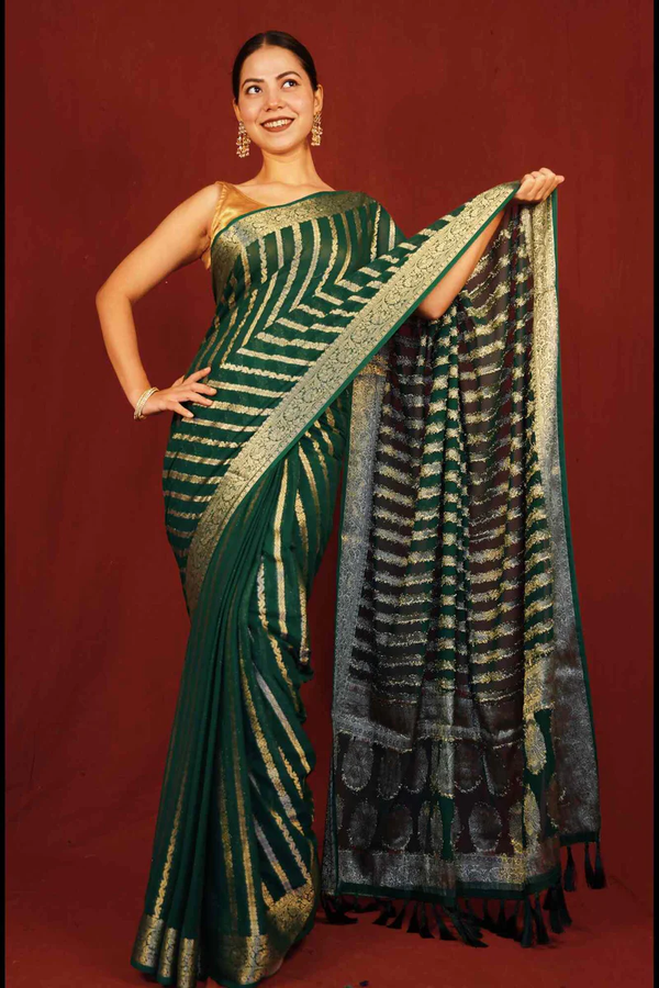 PREDRAPED DESIGNER SAREE GREEN LEHERIYA & ZARI BORDER WITH TASSELS ON PALLU READY TO WEAR SAREE