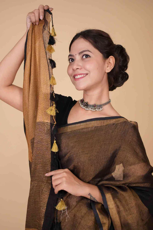 PREMIUM HANDLOOM BHAGALPURI LINEN SILK WITH TASSELS ON PALLU WRAP IN ONE MINUTE SAREE