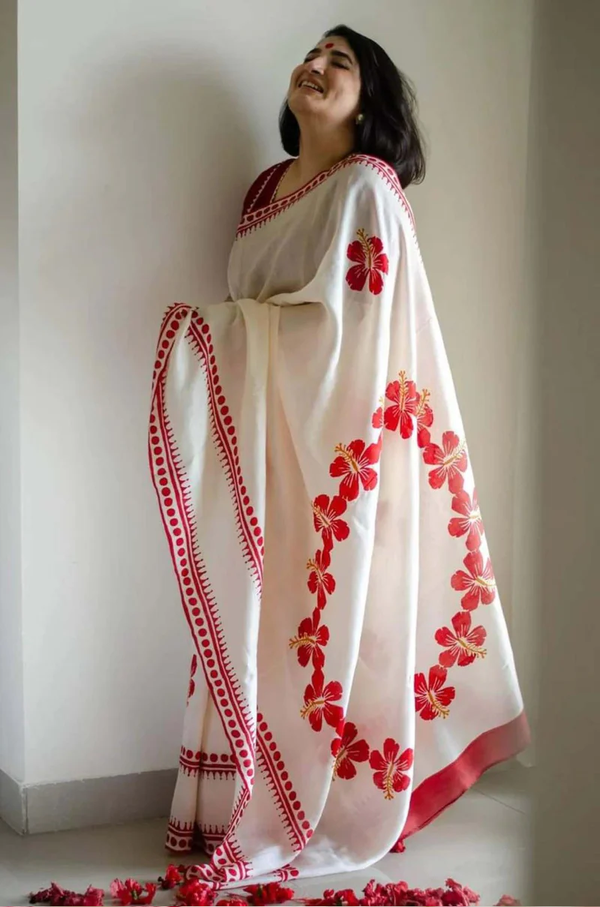 NAVRATRI SPECIAL SOFT LINEN OFF WHITE WITH RED HIBISCUS FLORAL PRINTED AND BORDERED PREDRAPE SAREE