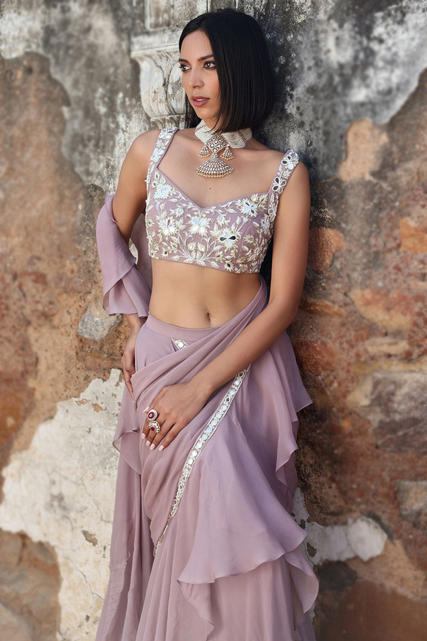 Georgette Light Purple Lace Embroidered Ruffle Eid Saree