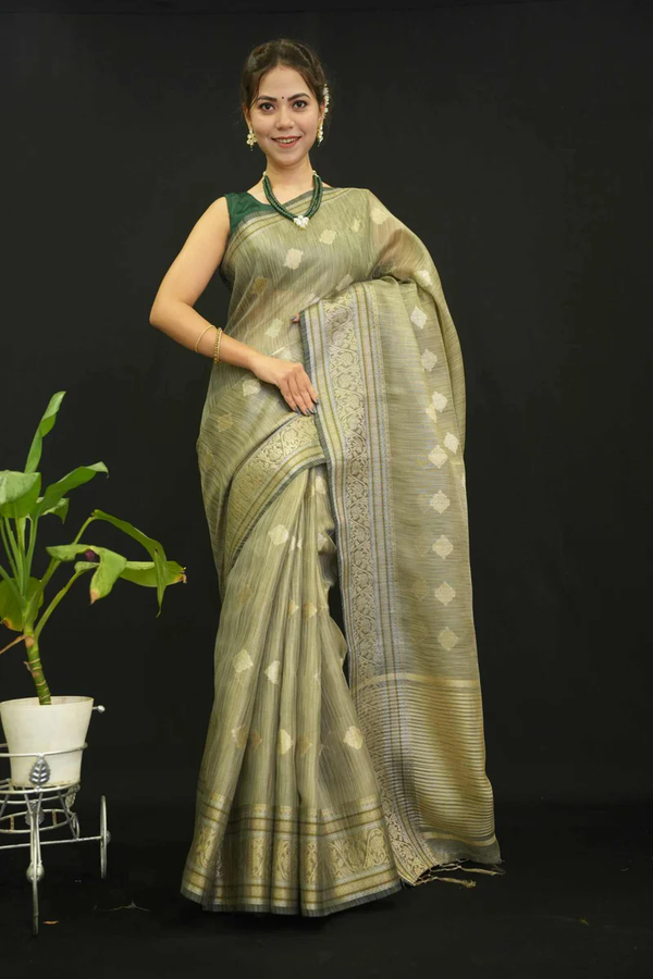 OLIVE GREEN COTTON SILK WITH BUTTA OVERALL TASSELS ON PALLA ZARI DETAILED BORDER WRAP IN ONE MINUTE SAREE