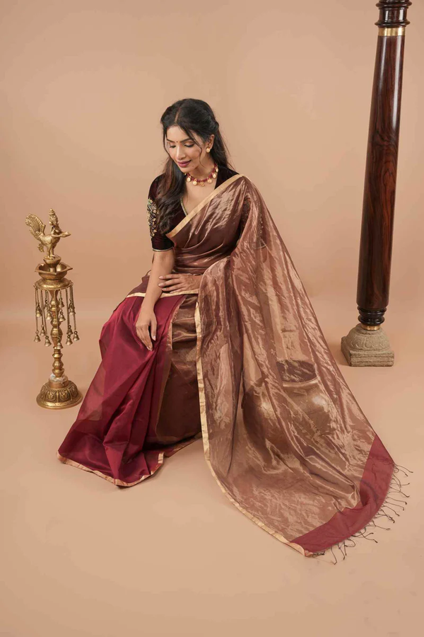 PRE DRAPE EXQUISITE HALF AND HALF MAROON AND ZARI TISSUE MAHESHWARI SILK COTTON SAREE