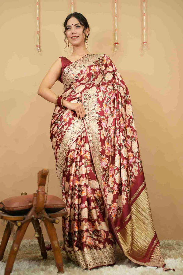 EXQUISITE GAJJI SILK WITH FLORAL PRINT & GOTA PATTI EMBROIDERED BORDER WRAP IN ONE MINUTE SAREE