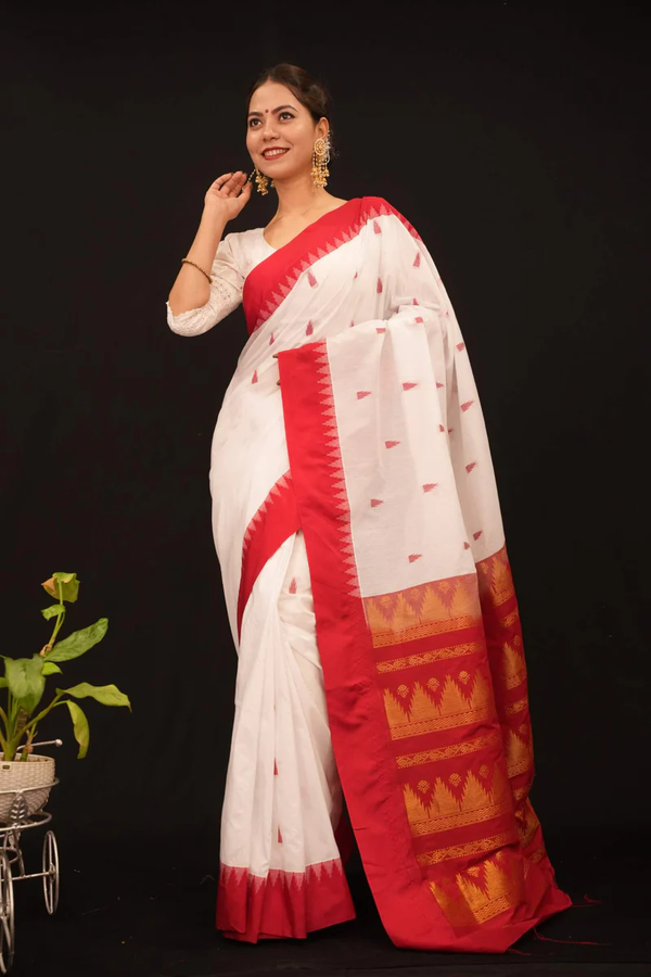 WHITE WITH RED TEMPLE BORDERED ZARI BUTTA ORNATE PALLA PRE DRAPE SAREE