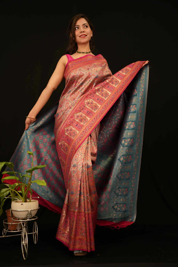 RICH SEQUINS KANJEEVARAM GOLD AND SILVER ZARI WORK WITH PINK HEAVY BORDER WRAP IN 1 MINUTE SAREE