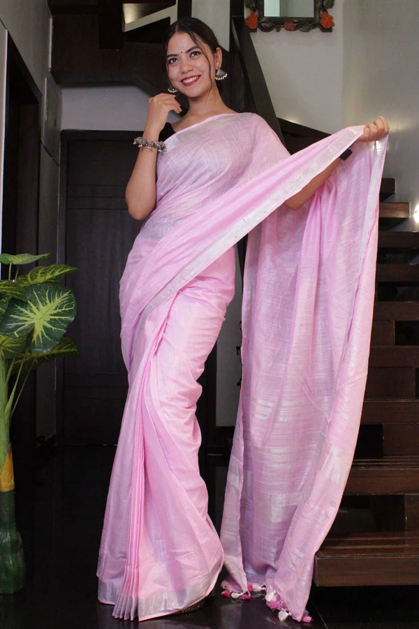 Linen Slub Peach Pink with Silver Border Wrap in 1 minute saree