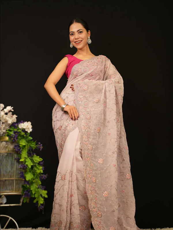 FLORAL DETAILED ZARI EMBROIDERED OVERALL & SCALLOPED BORDERED READY TO WEAR SAREE