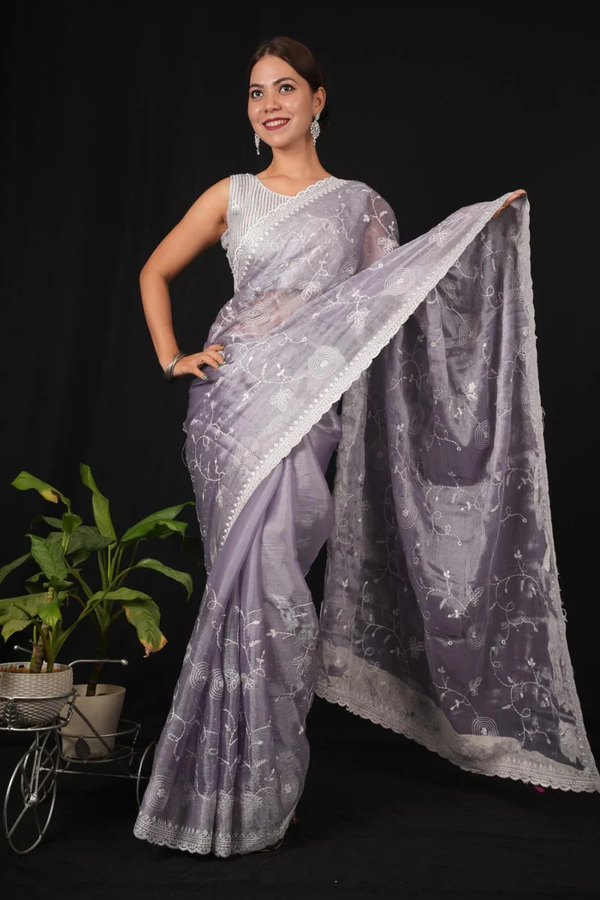 LAVENDER JIMMY CHOO WITH OVERALL STONE EMBELLISHED & LUCKNOWI EMBROIDERED PALLA PRE DRAPE SAREE