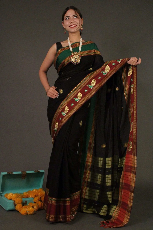 South Embroidered Wrap in 1 minute Saree with Zari Border