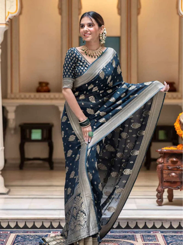 SILK SAREE WITH INTRICATE ALL-OVER BUTAS AND ORNATE PALLA, ADORNED WITH LUXURIOUS TASSELS – A READY-TO-WEAR SAREE