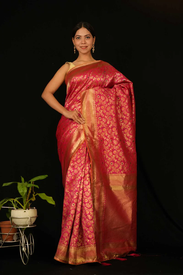 EXQUISITE BANARSI TISSUE SILK JAAL WORK OVERALL WITH PATOLA PALLU & TASSELS READY TO WEAR SAREE