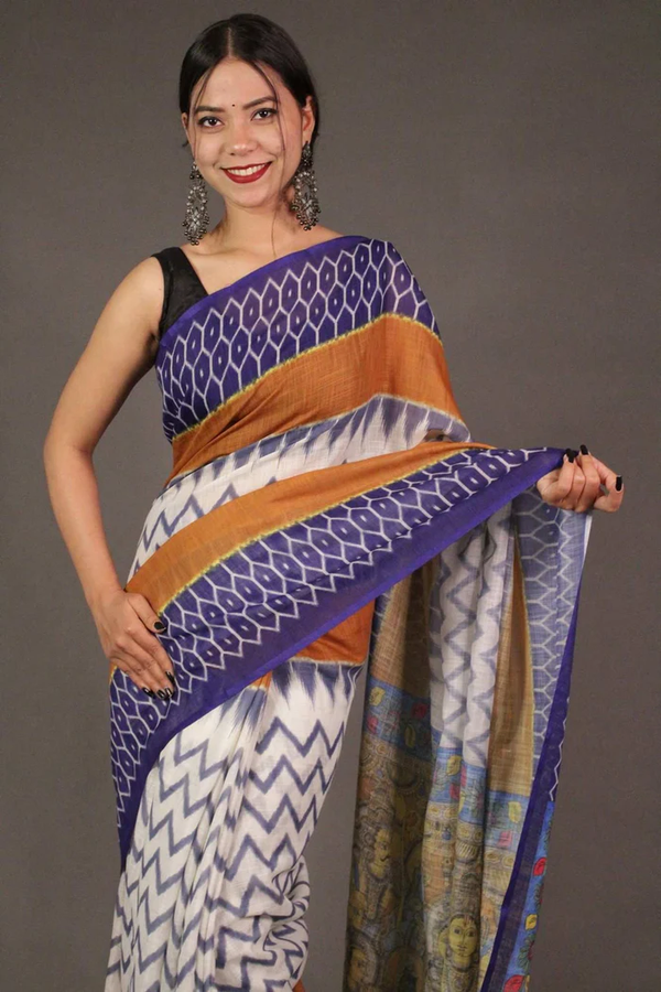 White and Blue Linen Blend Printed Ikat Wrap in 1 minute saree with madhubani pallu & tassels