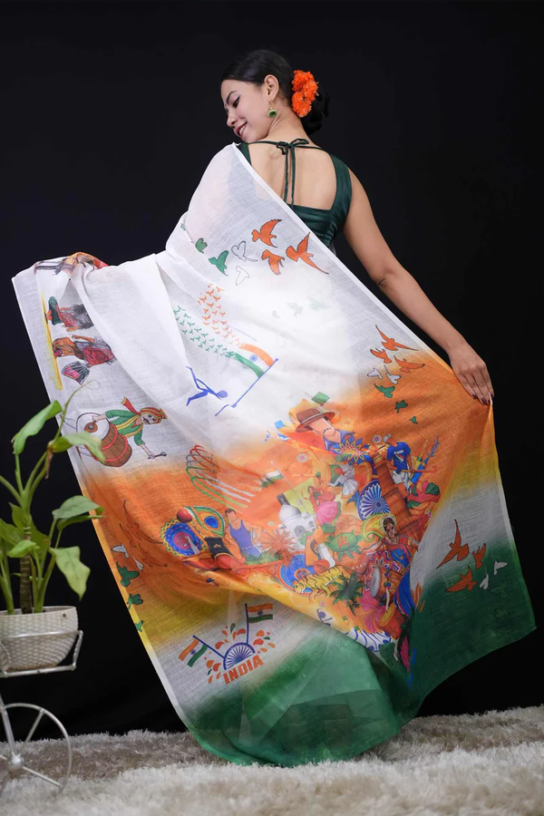 READY TO WEAR INDEPENDENCE DAY SAREE PRINT WITH TIRANGA PRINT WRAP IN 1 MINUTE SAREE