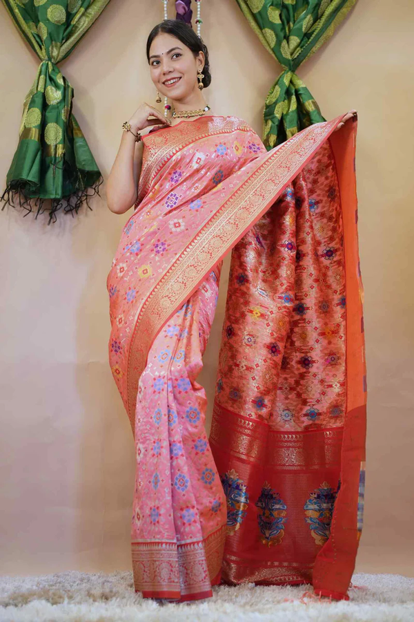 BEAUTIFUL PATOLA WEAVE PATTERN WITH MULTICOLOR MEENKARI WOVEN WITH ORNATE PALLA WRAP IN ONE MINUTE SAREE