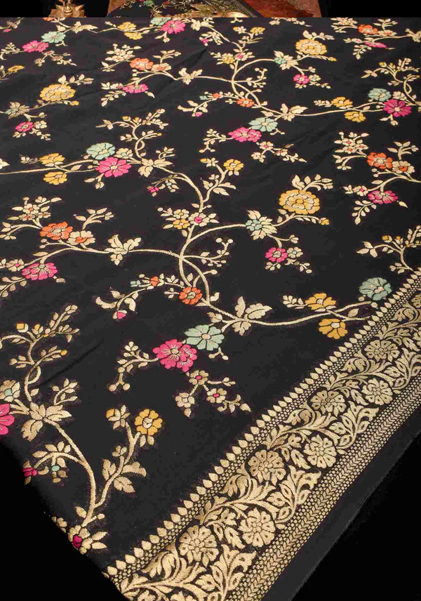 PRE DRAPE BLACK VISCOSE SAREE WITH MEENAKARI FLORAL JAAL AND FLORAL ZARI BORDER