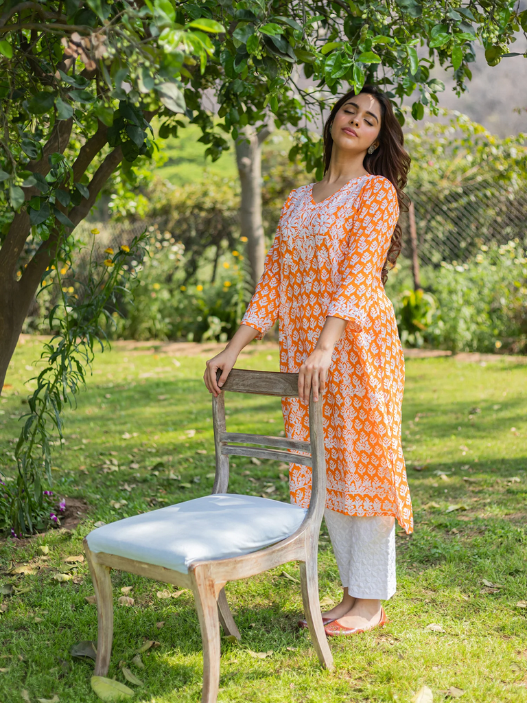 Chikankari Kurta in Muslin - Orange