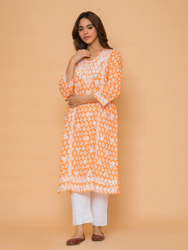 Chikankari Kurta in Muslin - Orange