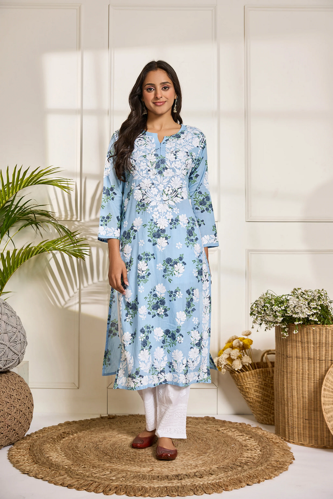 Chikankari Kurta Set in Mul cotton in Sky Blue