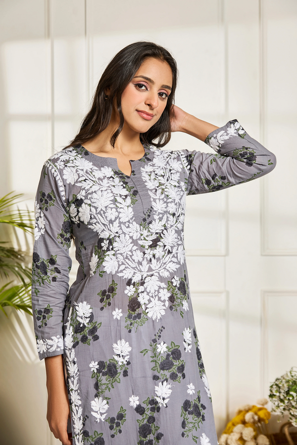 Chikankari Kurta Set  in Mul cotton in Grey print