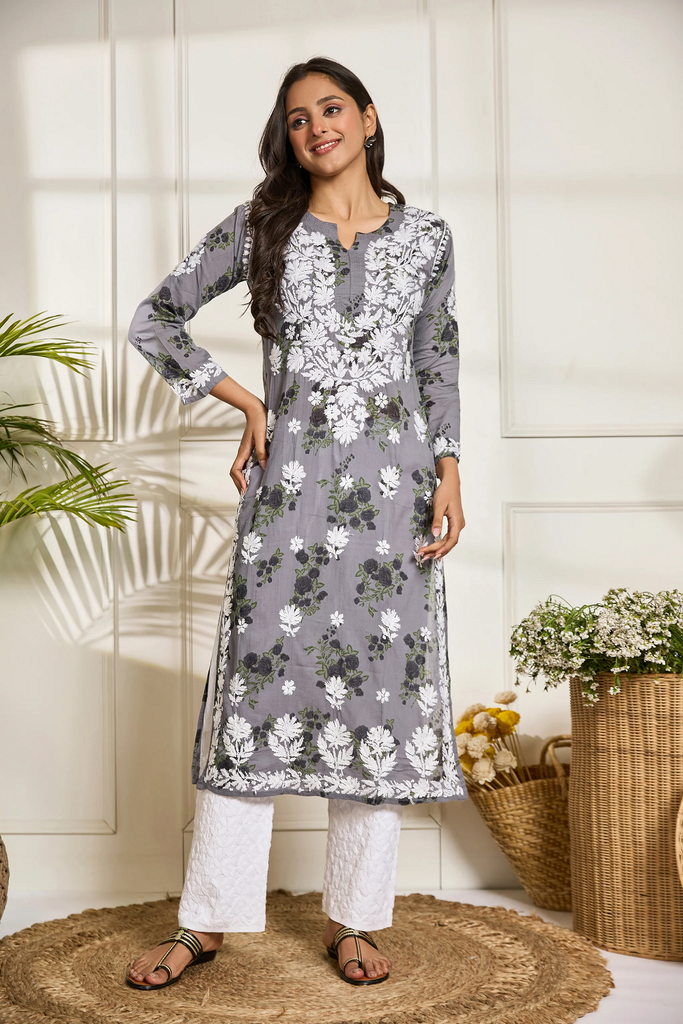 Chikankari Kurta Set  in Mul cotton in Grey print