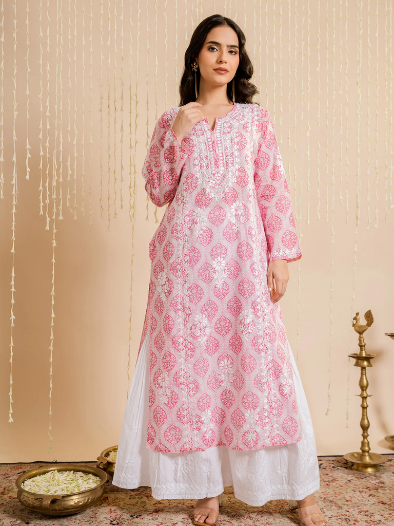 Chikankari Kurta Set  in Mul cotton in Pink Print