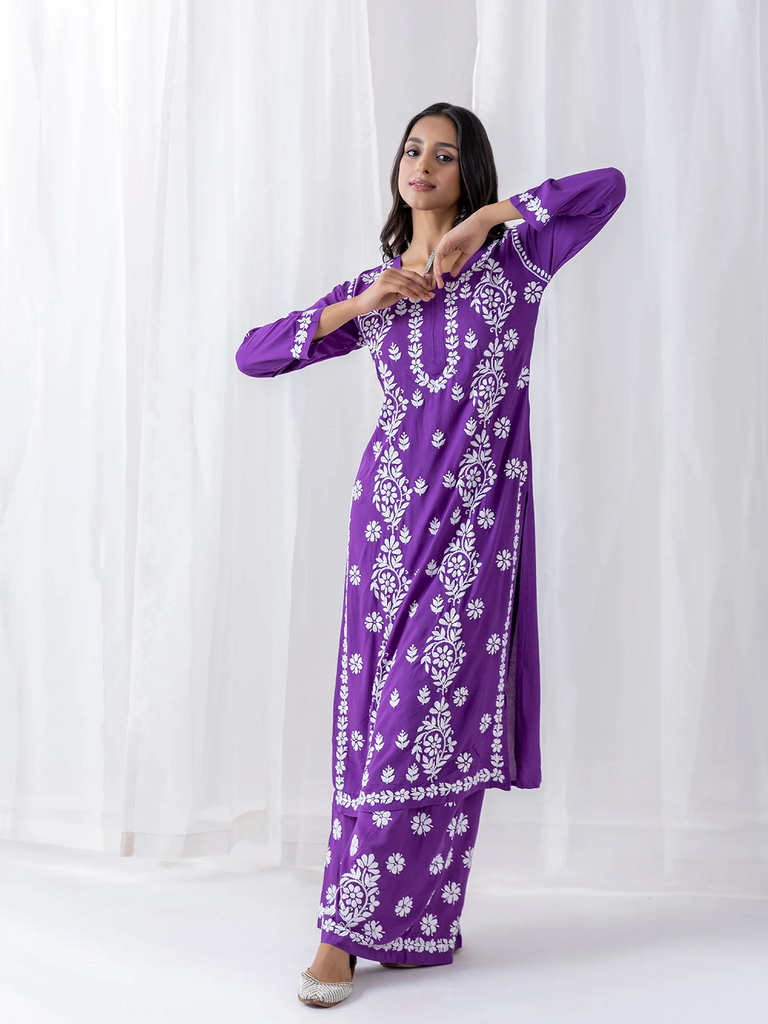 chikankari Kurta set  in Modal cotton with Notch Neck Purple