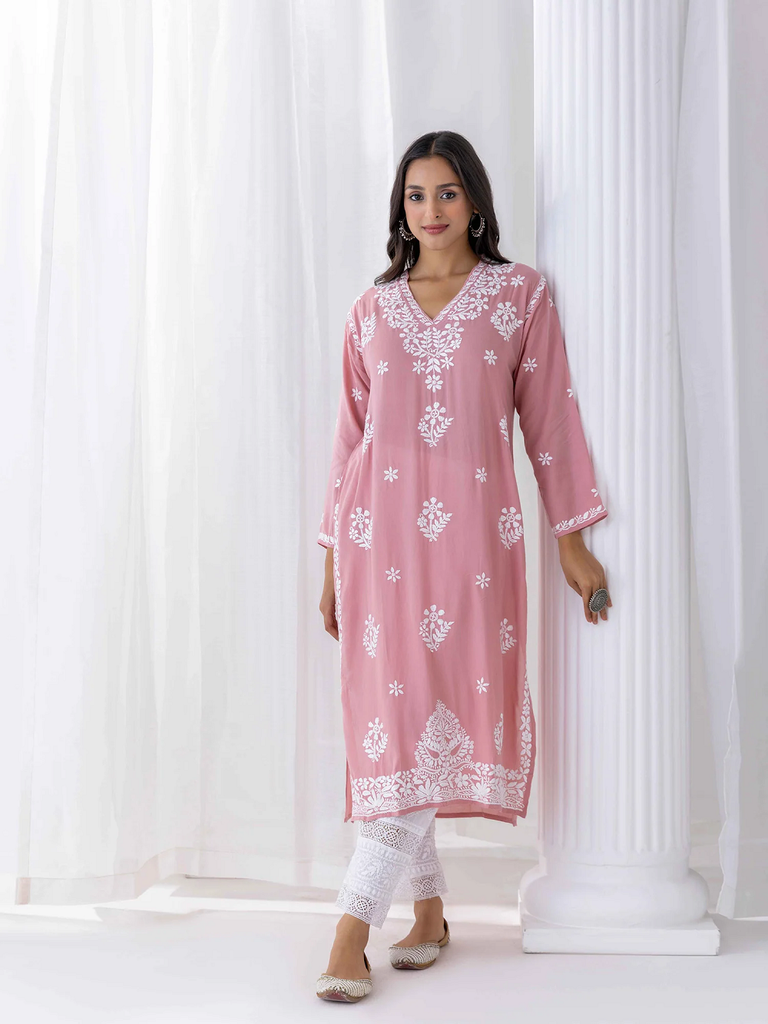 Chikankari Long Kurta Set in Modal Cotton for Women in Pink