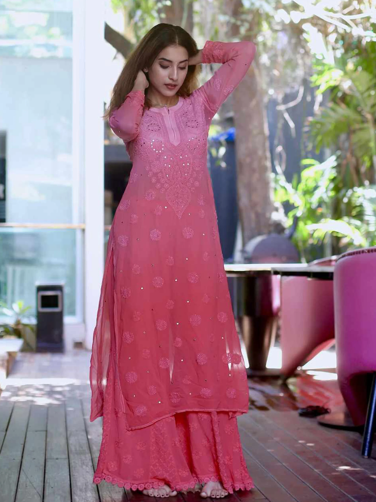 Conch Shell Pink Ombré Chikankari Kurta Set