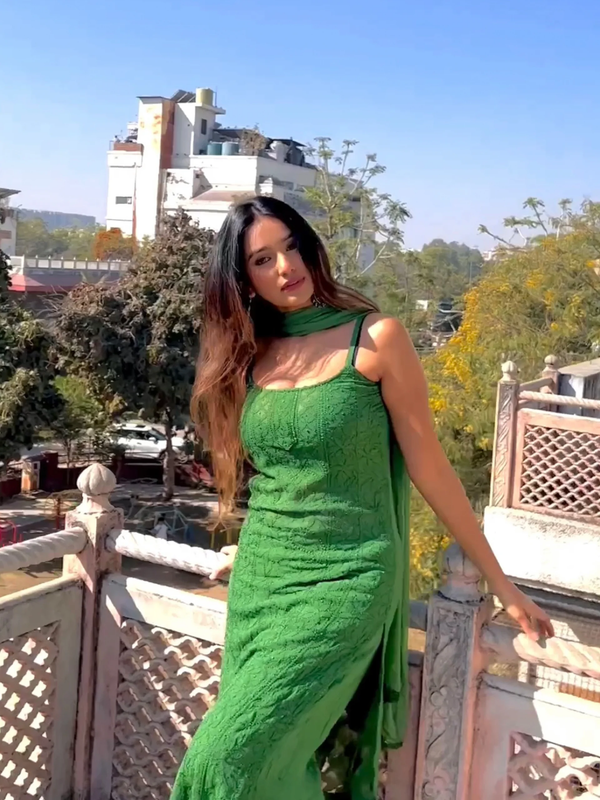 Emerald Green Chikankari Strappy Kurta Set