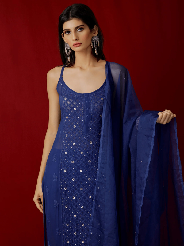 Azure Blue Ring Work Chikankari Kurta Set