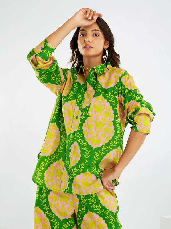 Green Printed Cotton Co-ord Set- Set of 2