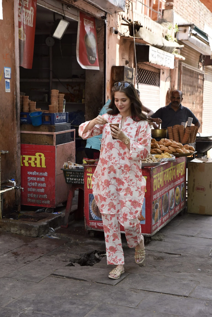 WHITE PEACH SHORT KURTA SET